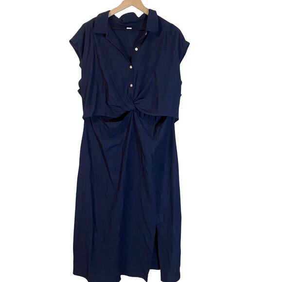 Old Navy Blue Short Sleeve Twist Front Cutout Midi Shirt Dress Linen Blend Sz 2X - Picture 2 of 13